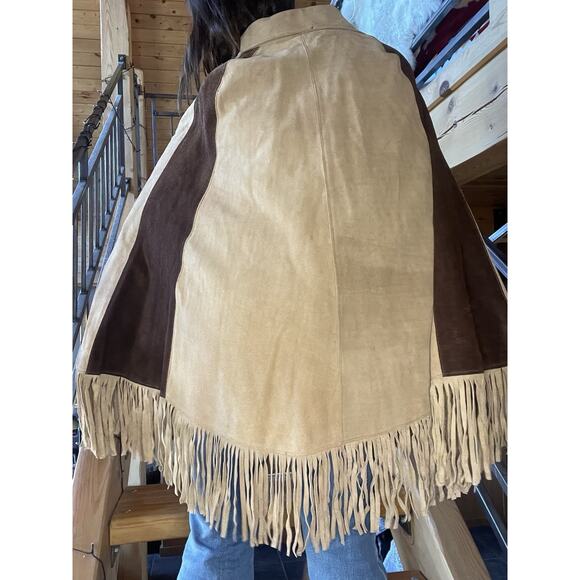 Vintage Western Suede Fringe Poncho Cape-Two Tone Leather, Cutout Flowers Boho - Picture 6 of 10